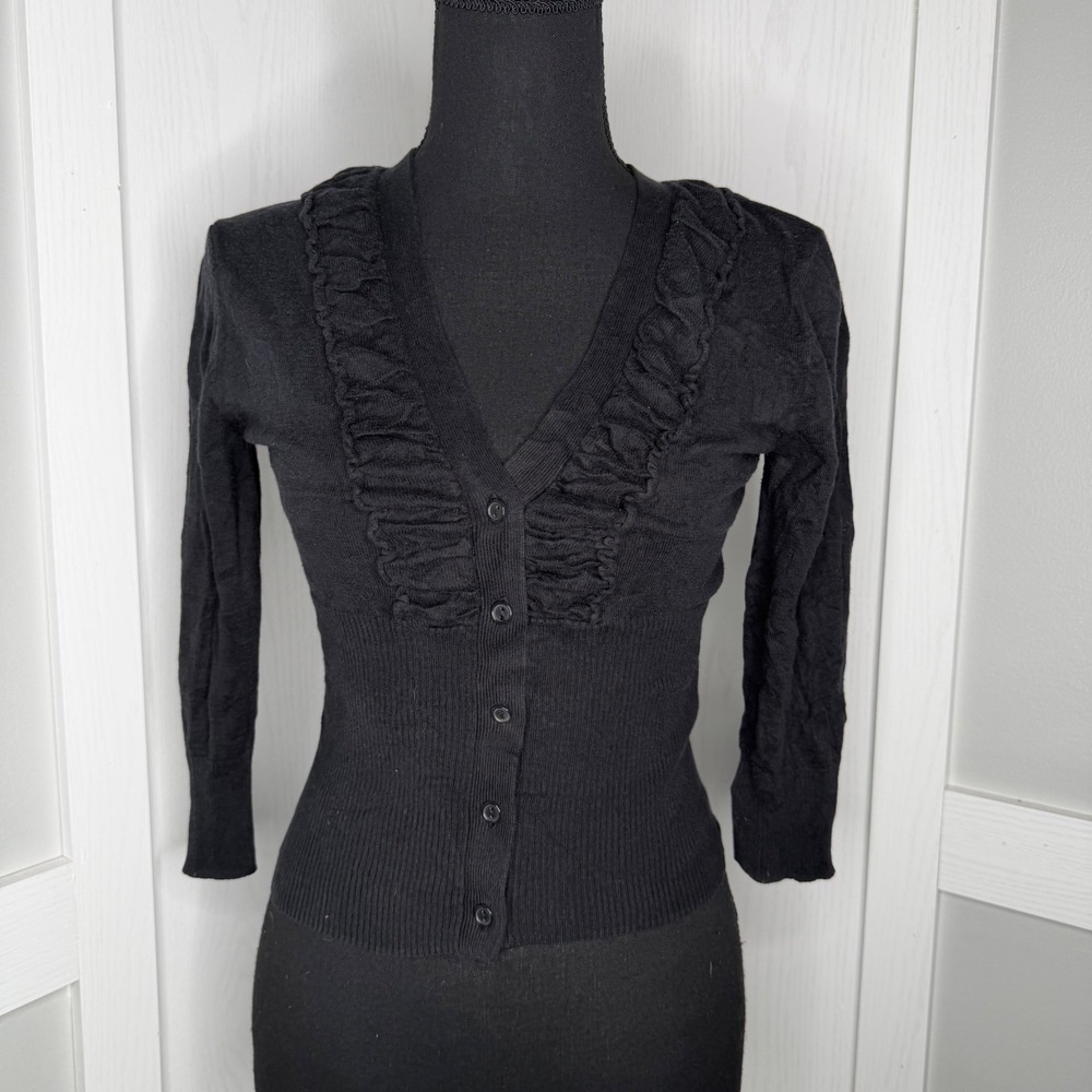 IZ Byer California Cardigan Sweater Women Sz M Black Ruffle V-Neck Button Front